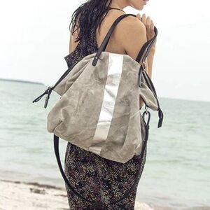 Kempton & Co Leather Canvas Vintage Upcycled Postal Silver Stripe Crossbody Tote